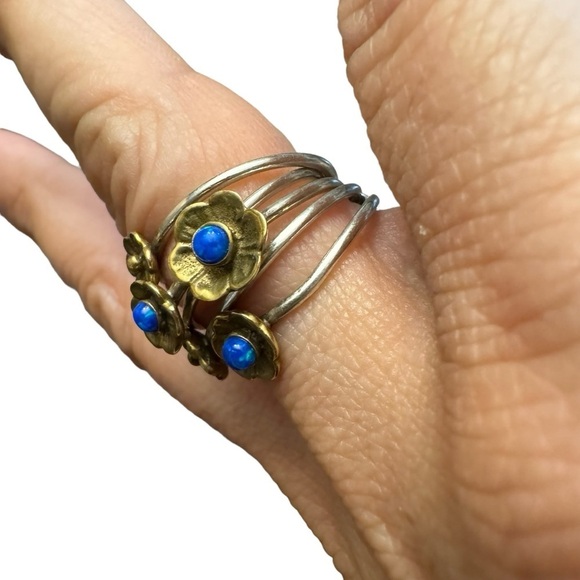 Beautiful 925 Sterling Silver Flower Lapis Two Tone Multi-Ring (5) - Picture 7 of 9